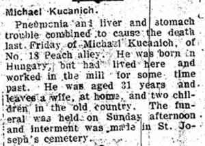 Obituary of Michael Kucanich appearing in the January 12, 1912 issue of the Duquesne Times. Newspaper courtesy of Mifflin Township Historical Society.