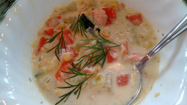 My daughter's delicious salmon chowder with fresh dill. (c) 2015 Patricia J. Angus